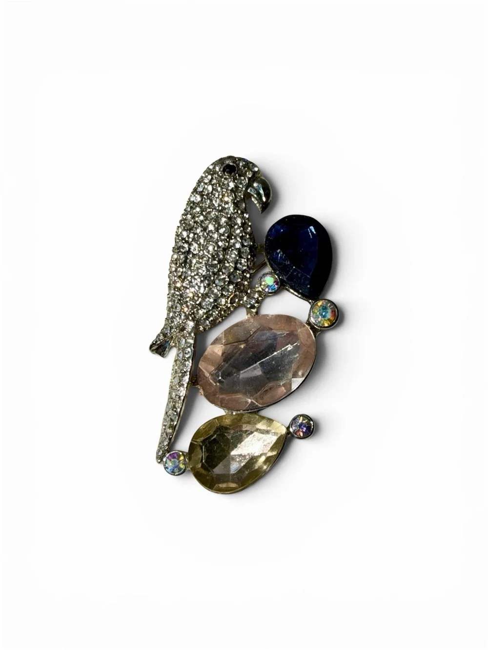 Vintage Crystal Parrot Decorative Brooch - Silver with Blue, Pink, Olive Gems